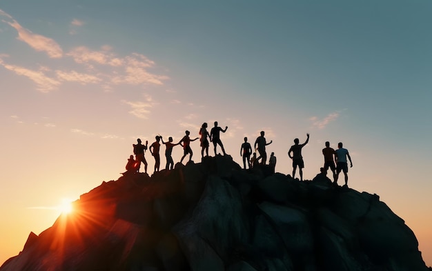 Group of people silhouettes on peak mountain climbing help each other concept