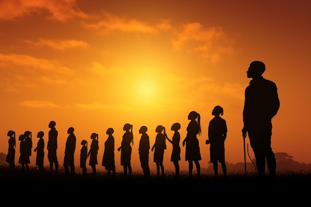 Group of people silhouettes at sunset