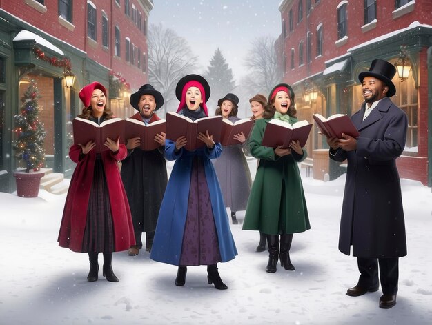 a group of people singing in the snow with a christmas tree in the background