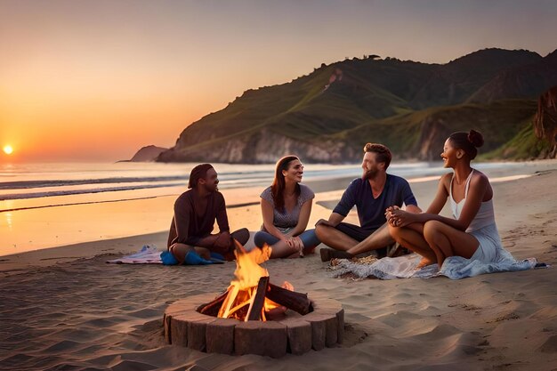 a group of people sit around a campfire on a beach at sunset.