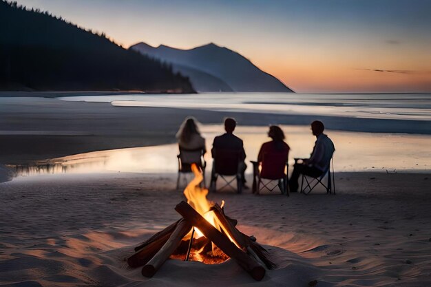 A group of people sit around a campfire on a beach at sunset