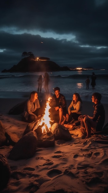 A group of people sit around a campfire on the beach.