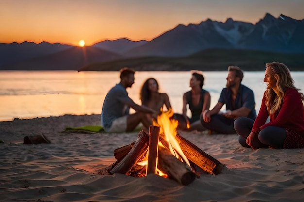 A group of people sit around a campfire and enjoy the sunset.