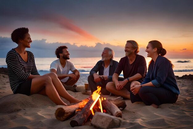 a group of people sit around a campfire and enjoy a warm evening.