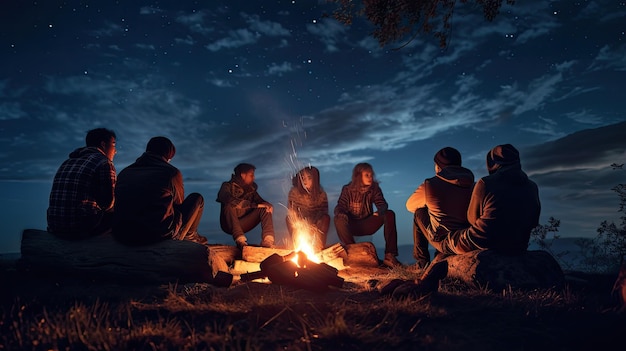 a group of people sit around a campfire and look at the stars.