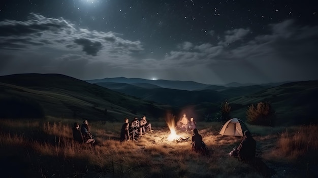 한 무리의 사람들이 밤에 모닥불 주위에 앉아 있습니다.