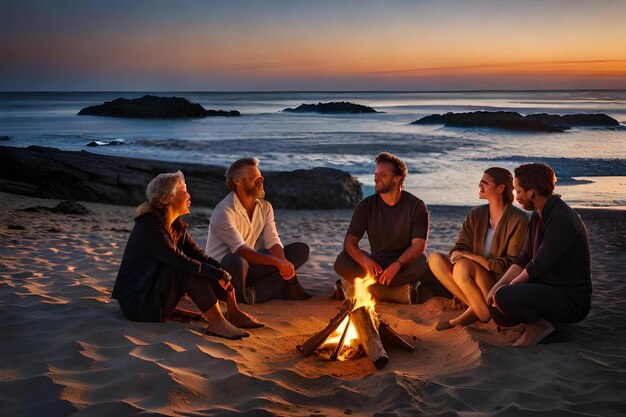 A group of people sit around a campfire and sit around a campfire.