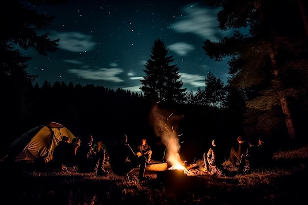 A group of people sit around a campfire under a starry sky.