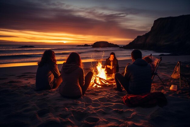 Photo a group of people sit around a campfire at sunset