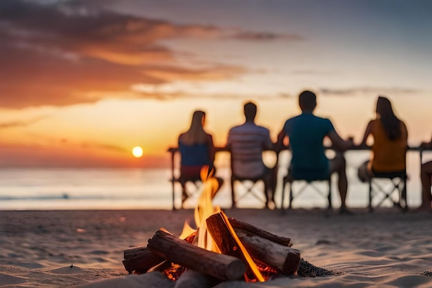 A group of people sit around a campfire and watch the sunset