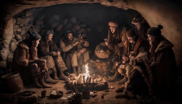 A group of people sit around a fire in a cave