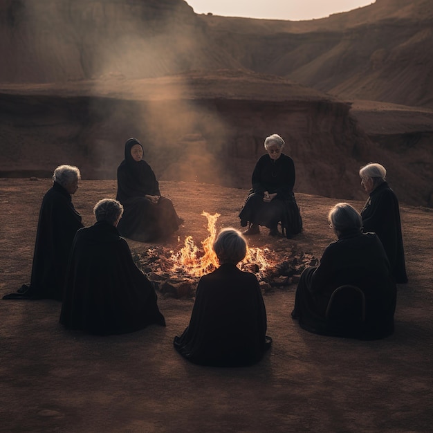 A group of people sit around a fire in a desert