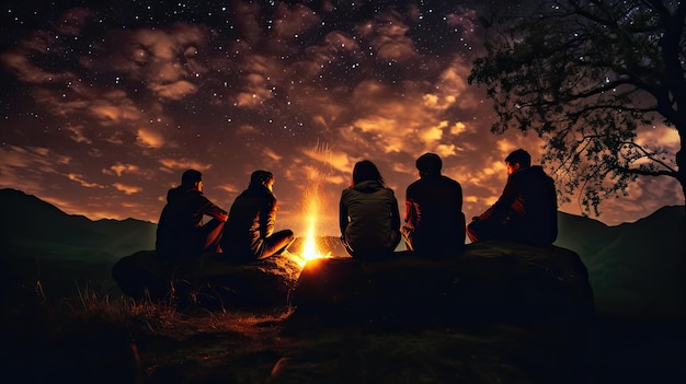 a group of people sit around a fire and look at the sky.