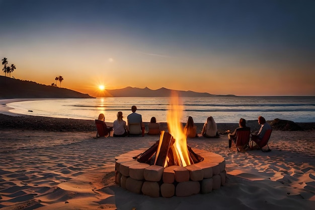 A group of people sit around a fire place at sunset.