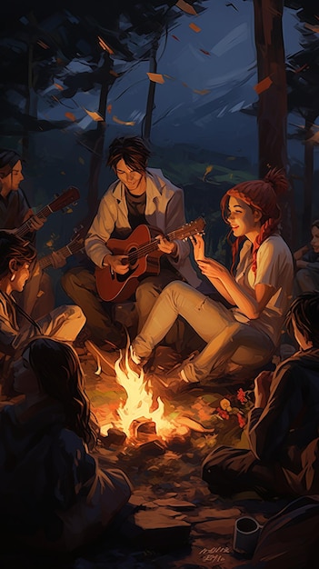 a group of people sit around a fire with a guitar