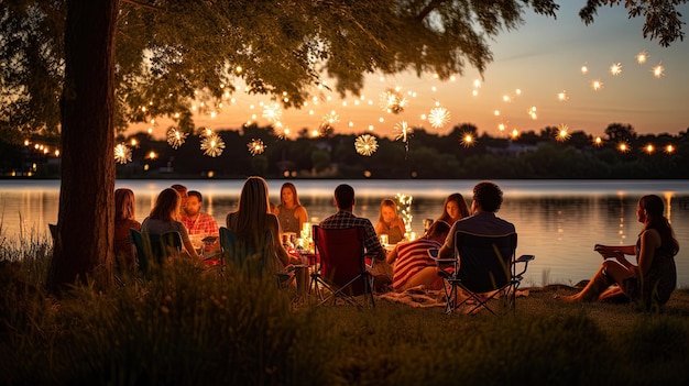 Foto un gruppo di persone si siede attorno a un tavolo da picnic in un lago con le luci a destra.