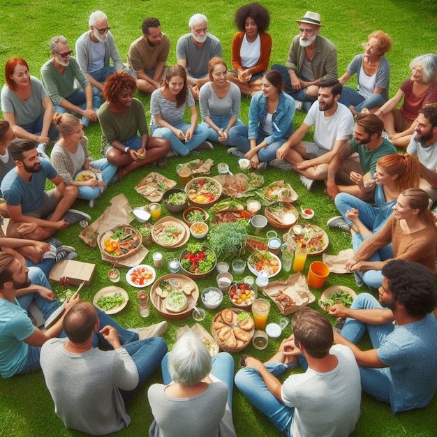 a group of people sit around a round table with food on it