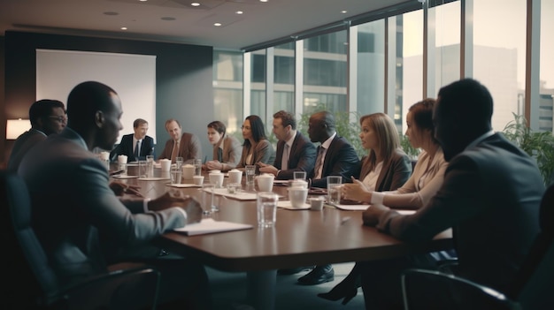 A group of people sit around a table in a boardroom, one of them is holding a paper.