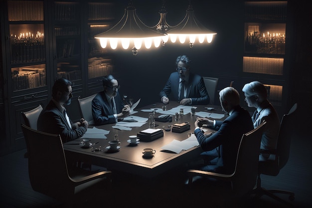 Группа людей сидит за столом в темной комнате, один из которых говорит «на нем слово».