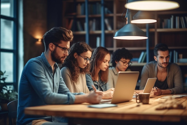 A group of people sit around a table in a dark room, working on laptops.