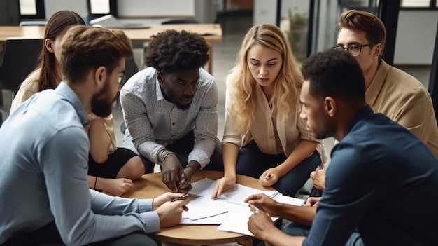 A group of people sit around a table, discussing a project.