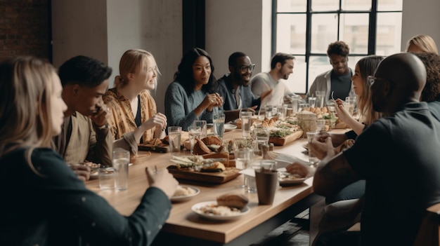 A group of people sit around a table, eating and drinking