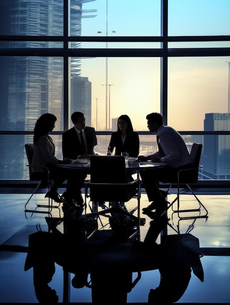 a group of people sit around a table in a large room with a large window behind them