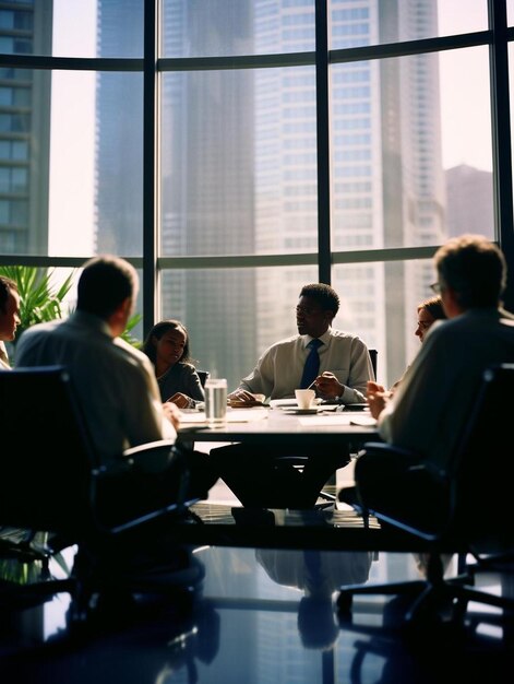 Foto un gruppo di persone seduto attorno a un tavolo in una grande stanza con una grande finestra dietro di loro