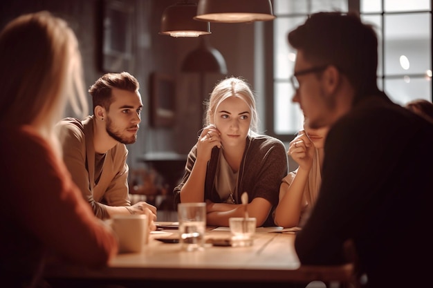 A group of people sit around a table, one of them is looking at a camera.