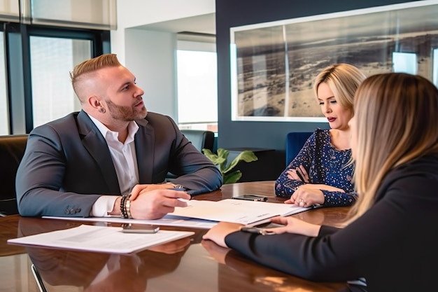 A group of people sit around a table one of them is looking at a document