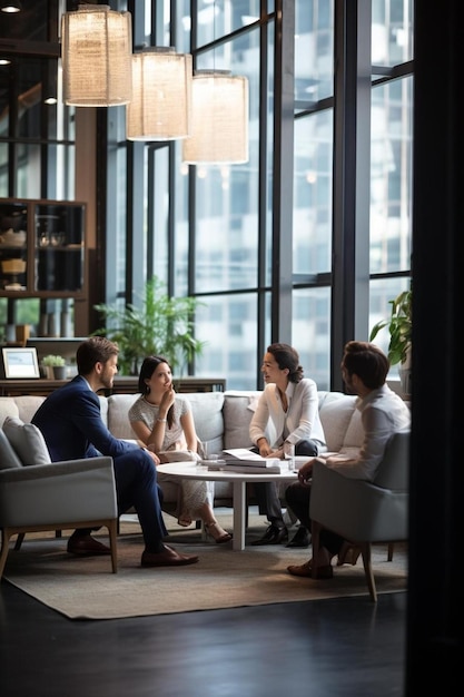 a group of people sit around a table in a room with a large window behind them