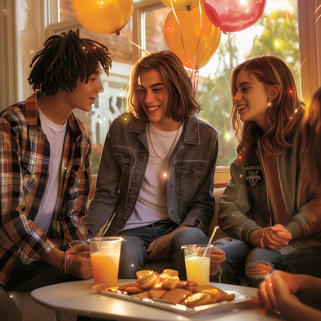 a group of people sit around a table with food and drinks