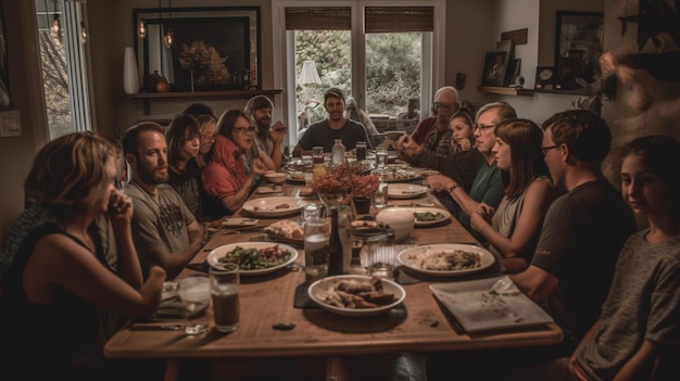 A group of people sit around a table with food on it