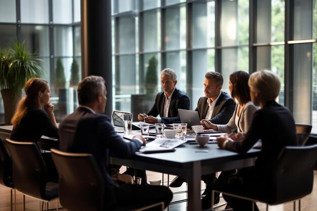 Photo a group of people sit around a table with a laptop and a sign that says  business