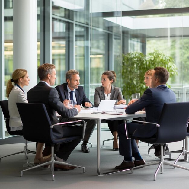 a group of people sit around a table with one of them wearing a suit