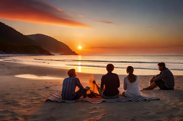 a group of people sit on the beach and watch the sunset.