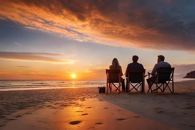 Foto un gruppo di persone si siede su una spiaggia a guardare il tramonto.