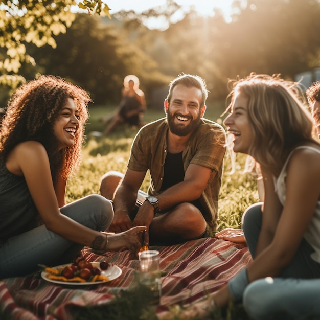 a group of people sit on a blanket and eat a meal.