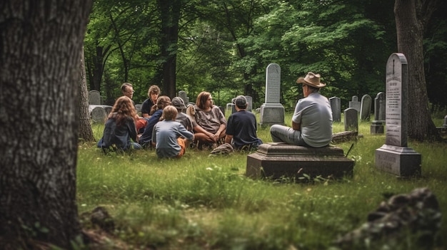 A group of people sit in a circle in front of a cemetery.