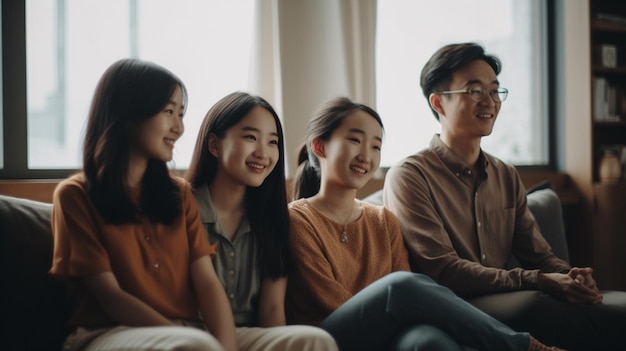 A group of people sit on a couch and look at the camera.