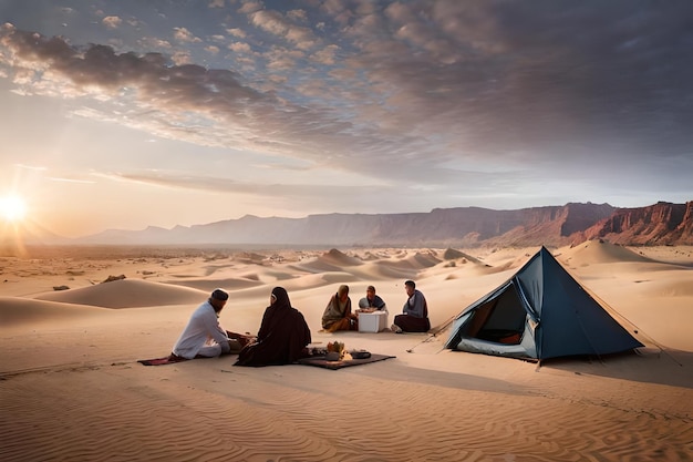 a group of people sit in the desert and eat lunch.