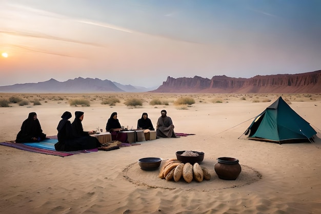 a group of people sit in the desert with a tent and a mountain in the background.