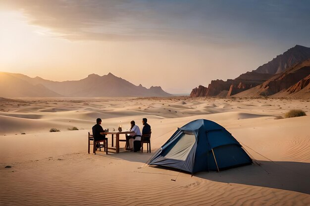 a group of people sit in the desert with a tent and a tent.