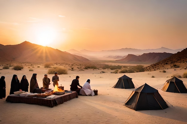 한 무리의 사람들이 텐트와 텐트를 배경으로 사막에 앉아 있습니다.