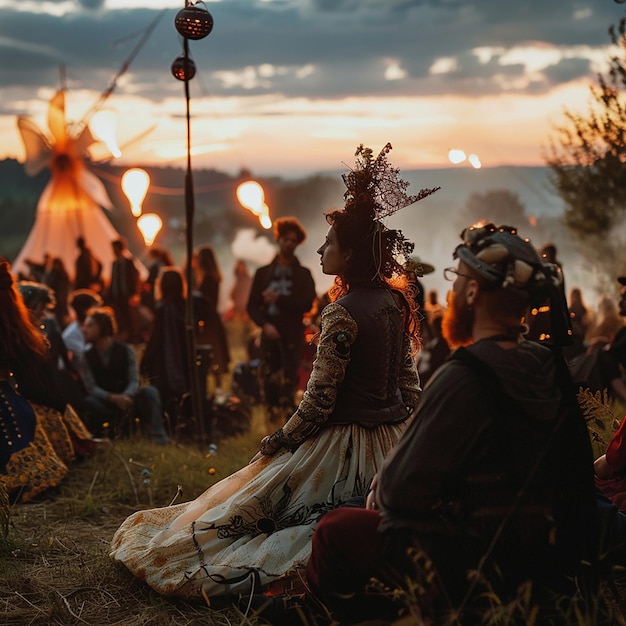 a group of people sit in a field with a fire in the background