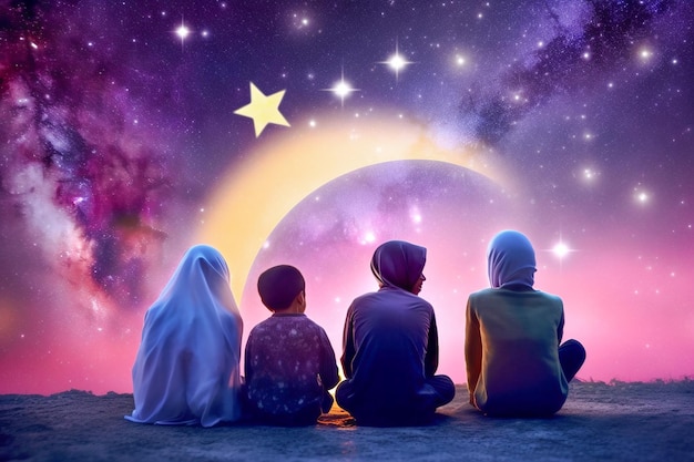 Photo a group of people sit in front of a star islamic background ramadhan background