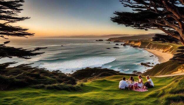 Photo a group of people sit on a hill overlooking the ocean