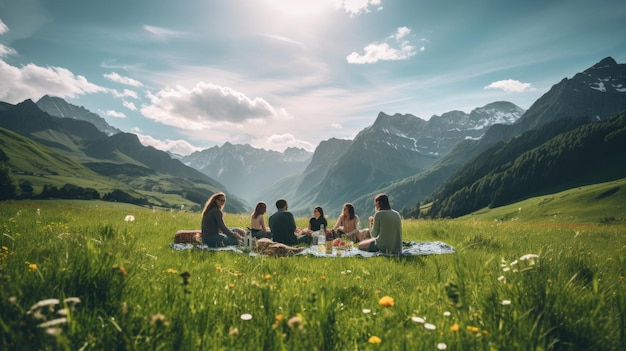 a group of people sit on a meadow with mountains in the background.