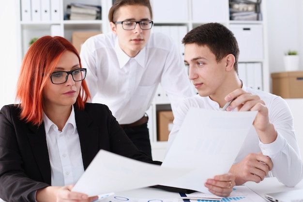 Group people sit in office deliberate on problem