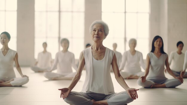 요가 를 하는 방 에 앉아 있는 사람 들 의 집단